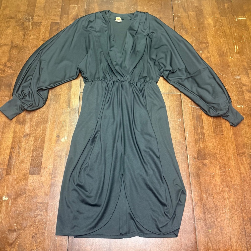 VTG‎ ILGWU Union Midi Dress Women 11 Black Dolman Sleeve V-Neck Tulip Skirt 70s